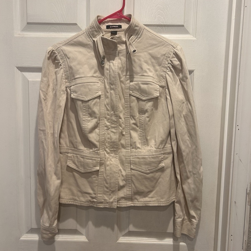Express Beige Cotton Jacket Womens Size 10 Full Zip Moto Biker‎